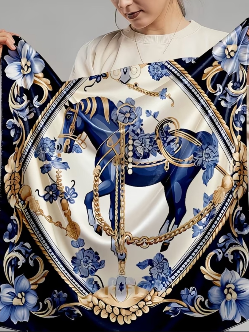 Luxury Blue and Gold Porcelain Horse Silky Scarf 27.5”